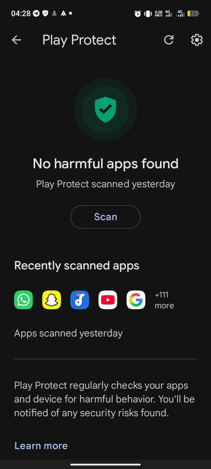 Play Protect dashboard on a Tecno Spark 40 showing a green shield and no harmful apps found