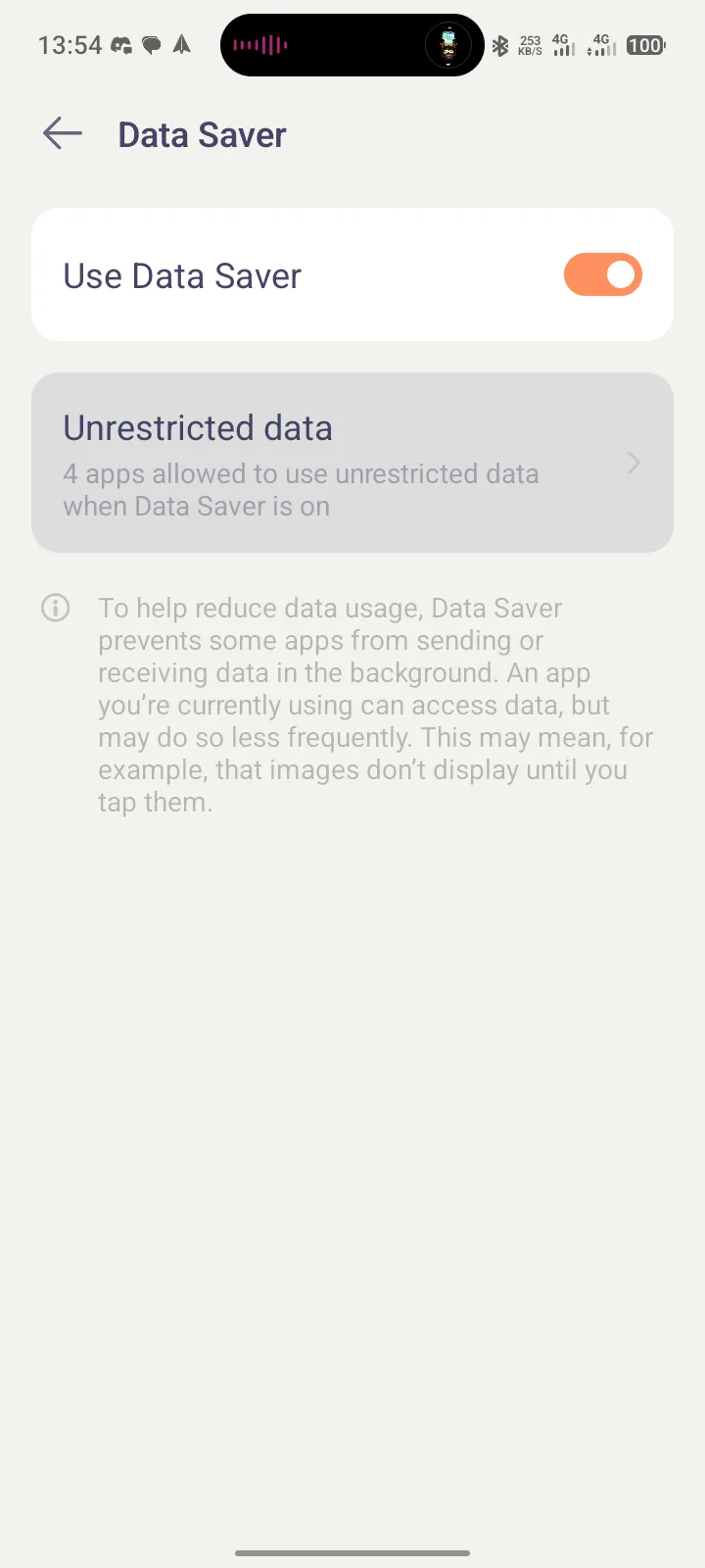Data Saver screen on a Tecno Spark 40 with Use Data Saver switched on and 4 apps allowed to use unrestricted data