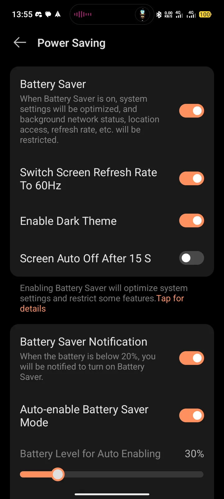 Power Saving screen on a Tecno Spark 40 with Battery Saver switched on and auto-enable set at 30 percent battery