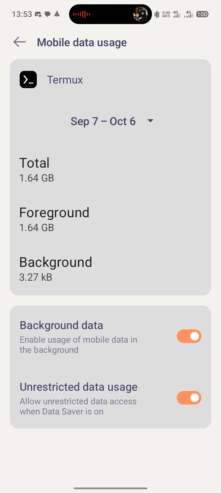Termux mobile data usage screen on a Tecno Spark 40 showing Total 1.64 GB, Foreground 1.64 GB and Background 3.27 kB with both data switches on