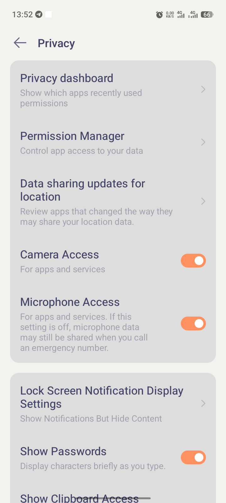 HiOS Privacy page with the system-wide Microphone Access switch on