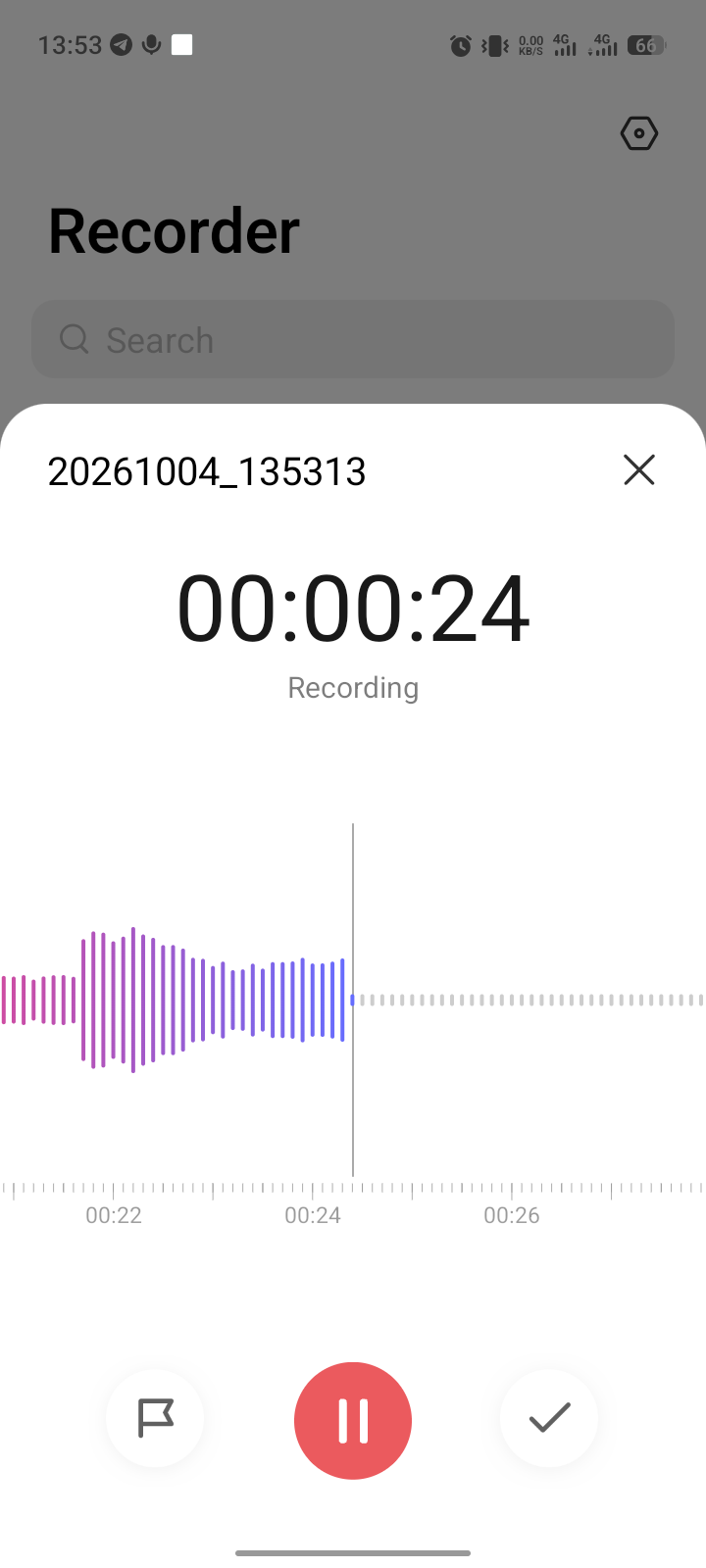 HiOS Voice Recorder level meter moving on a live clip